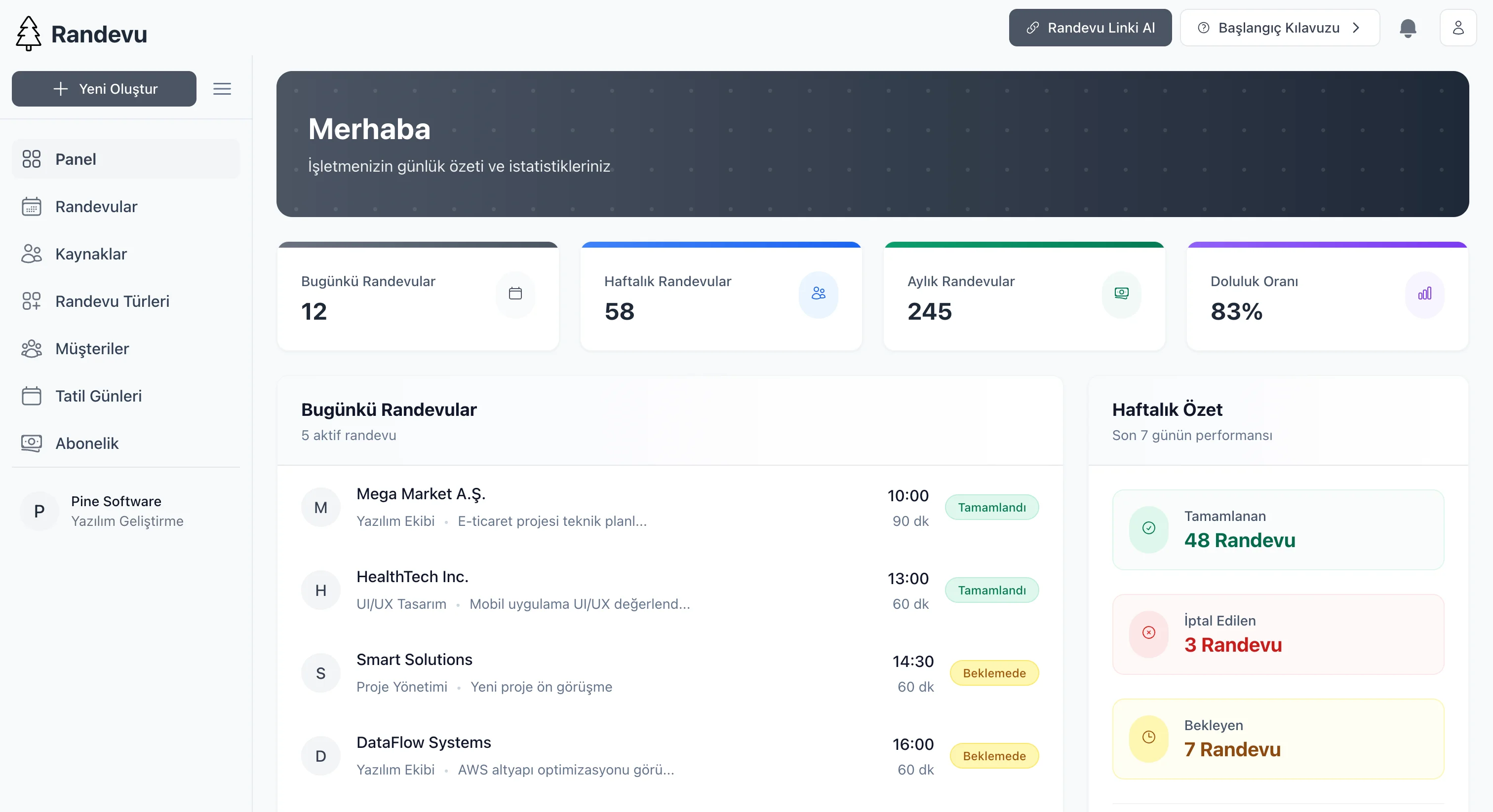 Pine Randevu Dashboard